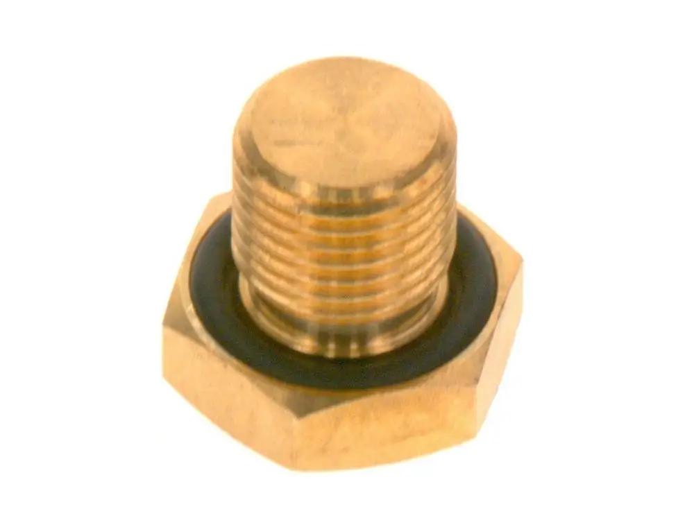 Stopfen mit sechseckigem Kopf und Außengewinde, ausgestattet mit O-Ring. Produkt von Bosch zur Verwendung in verschiedenen Anwendungen.